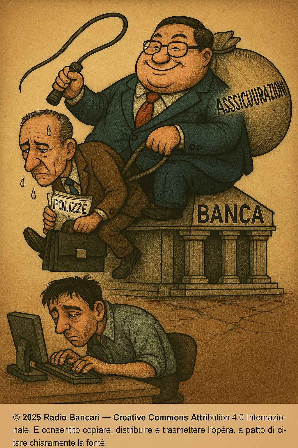 Satira sul mondo bancario-assicurativo: lavoratori sotto pressione commerciale tra polizze e target imposti.