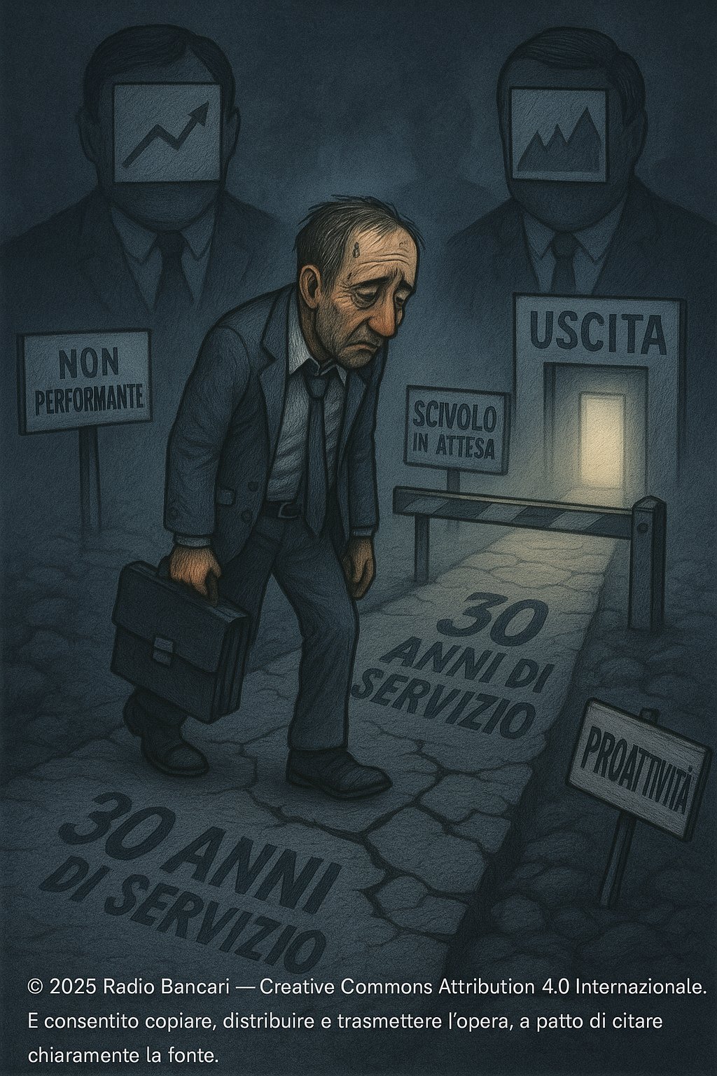 Bancario anziano affaticato, in uscita da una banca, simbolo della fine carriera senza riconoscimento