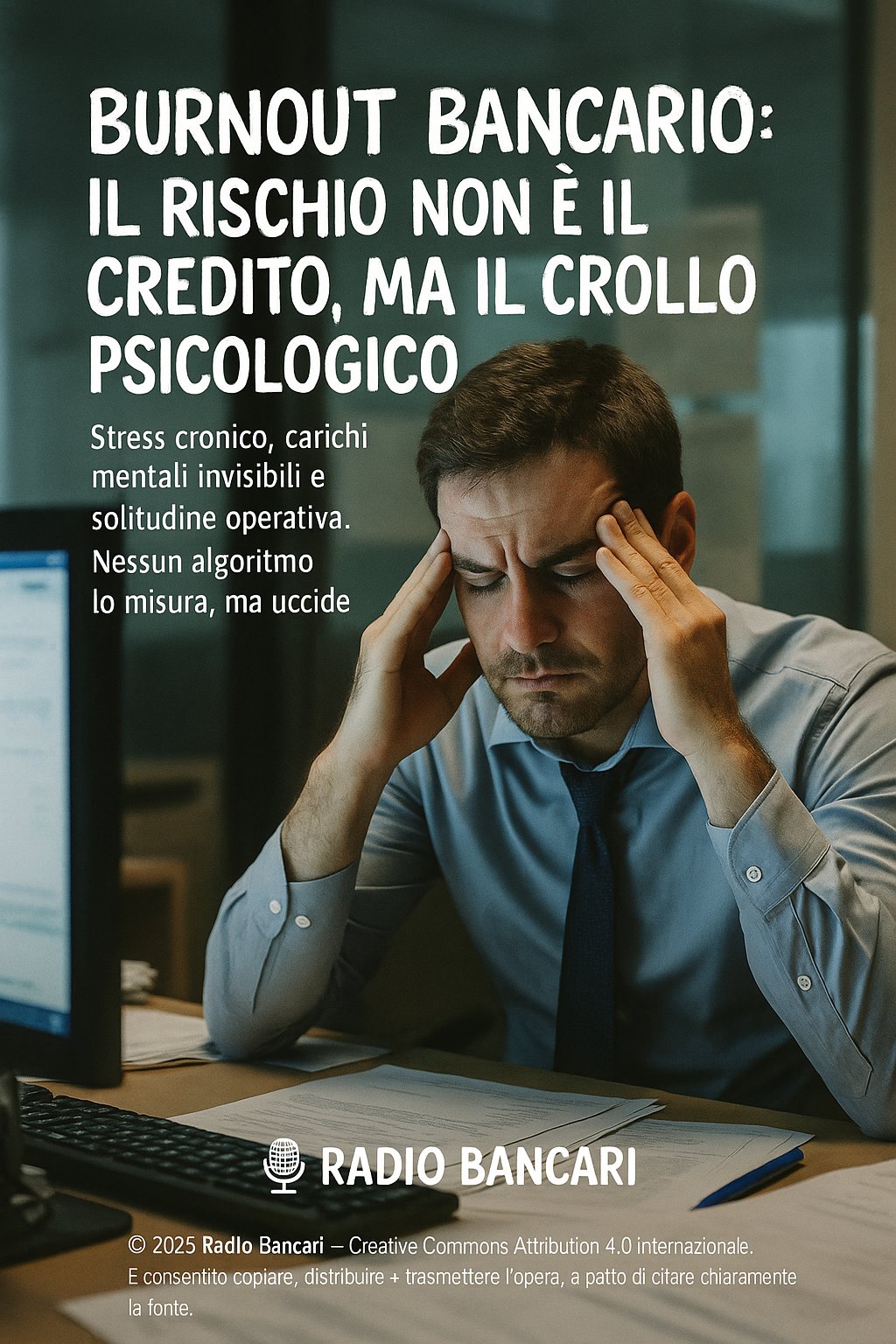 Burnout bancario, stress lavorativo in banca, impiegato stanco alla scrivania, crisi psicologica settore bancario
