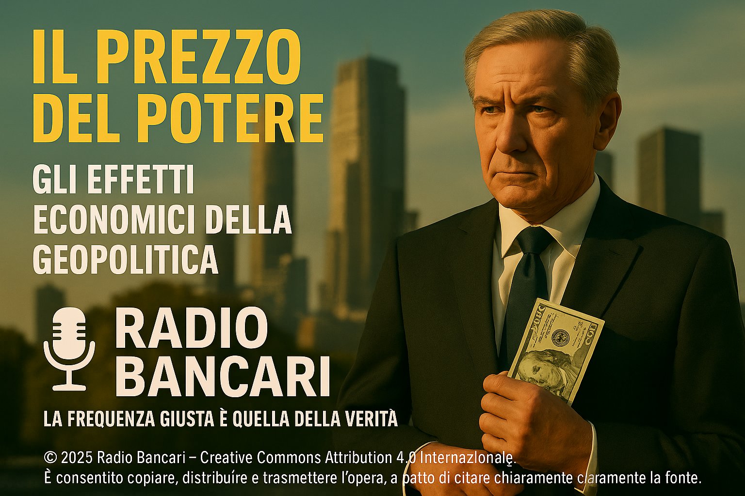 Uomo in abito scuro stringe banconote da 100 dollari sul petto davanti a una skyline urbana, a rappresentare il distacco tra potere economico e realtà sociale, con titolo “Il prezzo del potere” ed elementi editoriali di Radio Bancari.